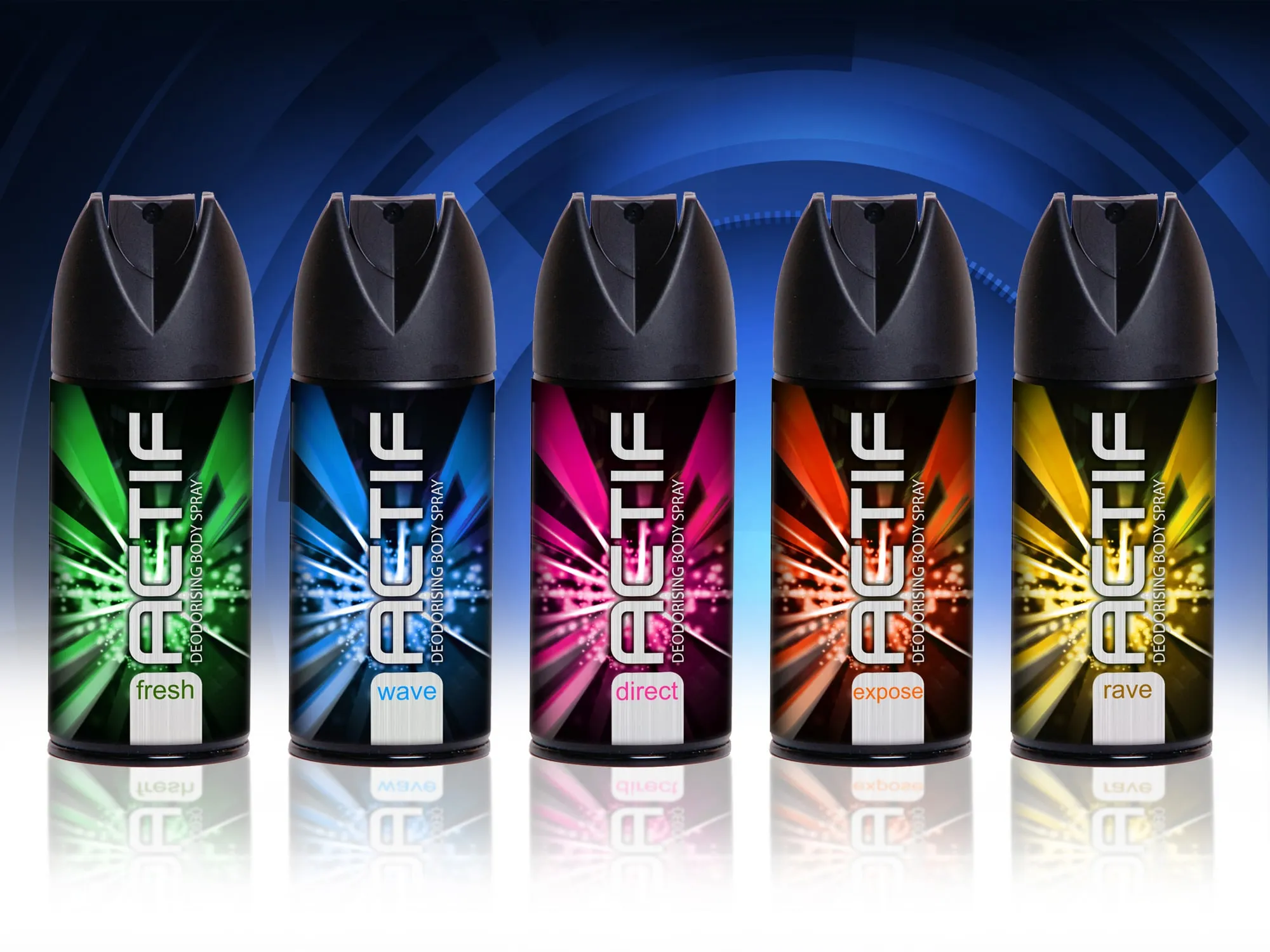 Five Actif deodorising body spray cans: fresh, wave, direct, expose and rave.