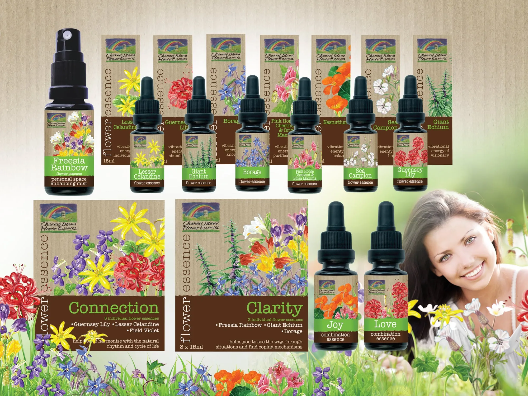 Flower essence dropper bottles and boxes, including Connection and Clarity sets.
