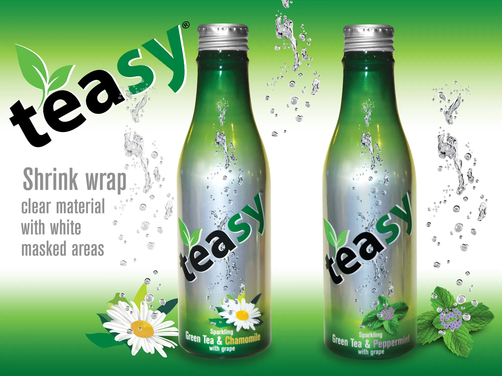 Two Teasy sparkling green tea bottles in shrink wrap, clear material with white masked areas.