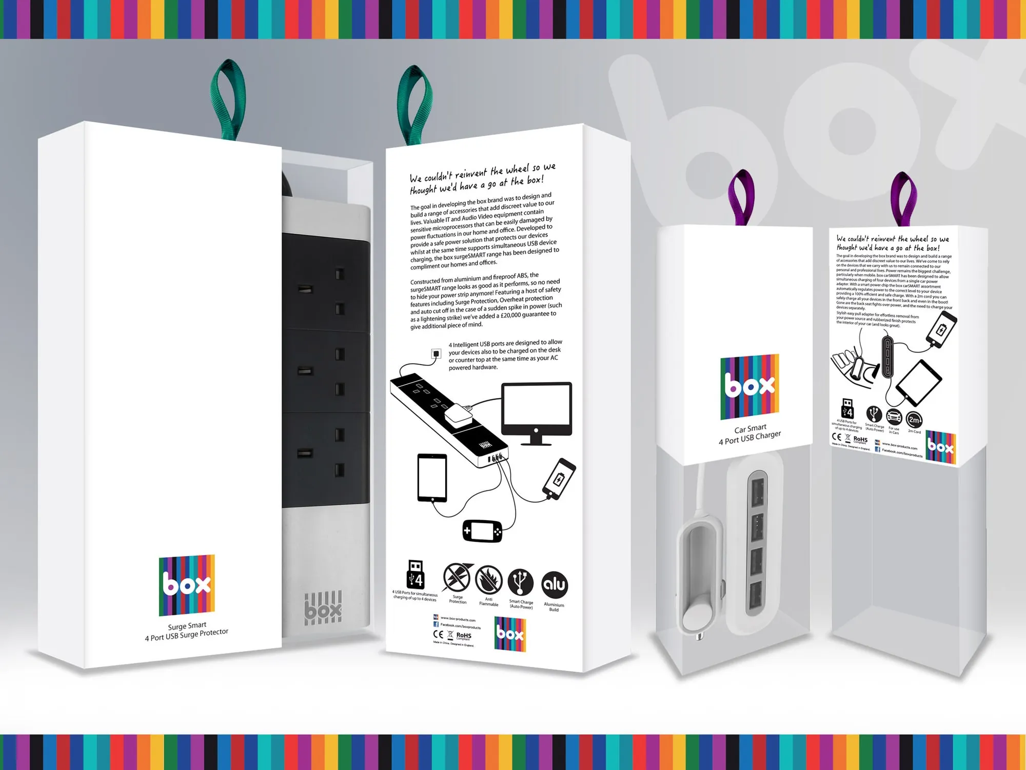 White box packaging for a surge protector and a USB charger.
