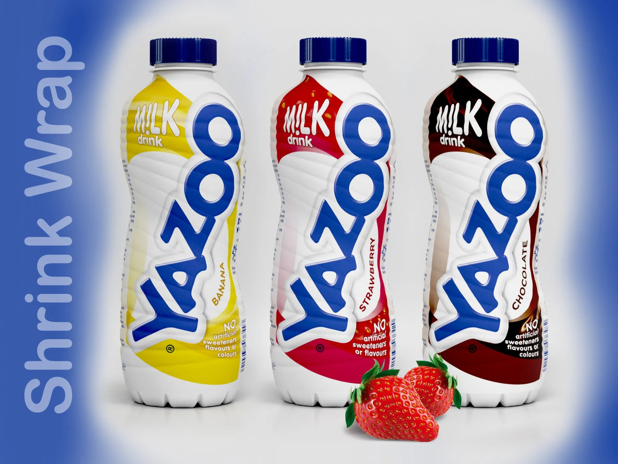 Three Yazoo milk drink bottles in shrink wrap: banana, strawberry and chocolate.