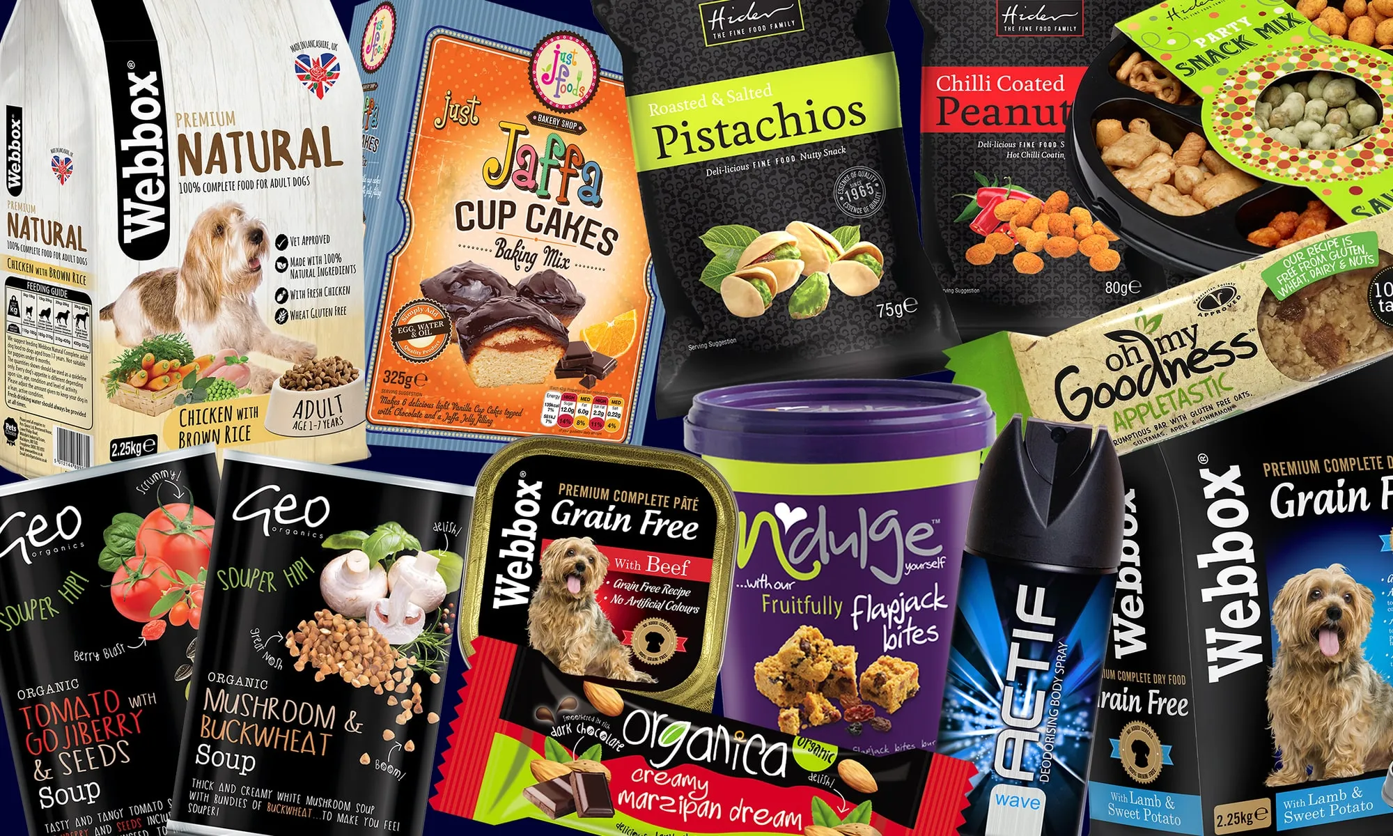 A montage of packaging designed by Peachtree, including Webbox pet food, Just Foods cupcake mix, Hider nuts, Geo Organics soups, Organica snack bars and Actif body spray.