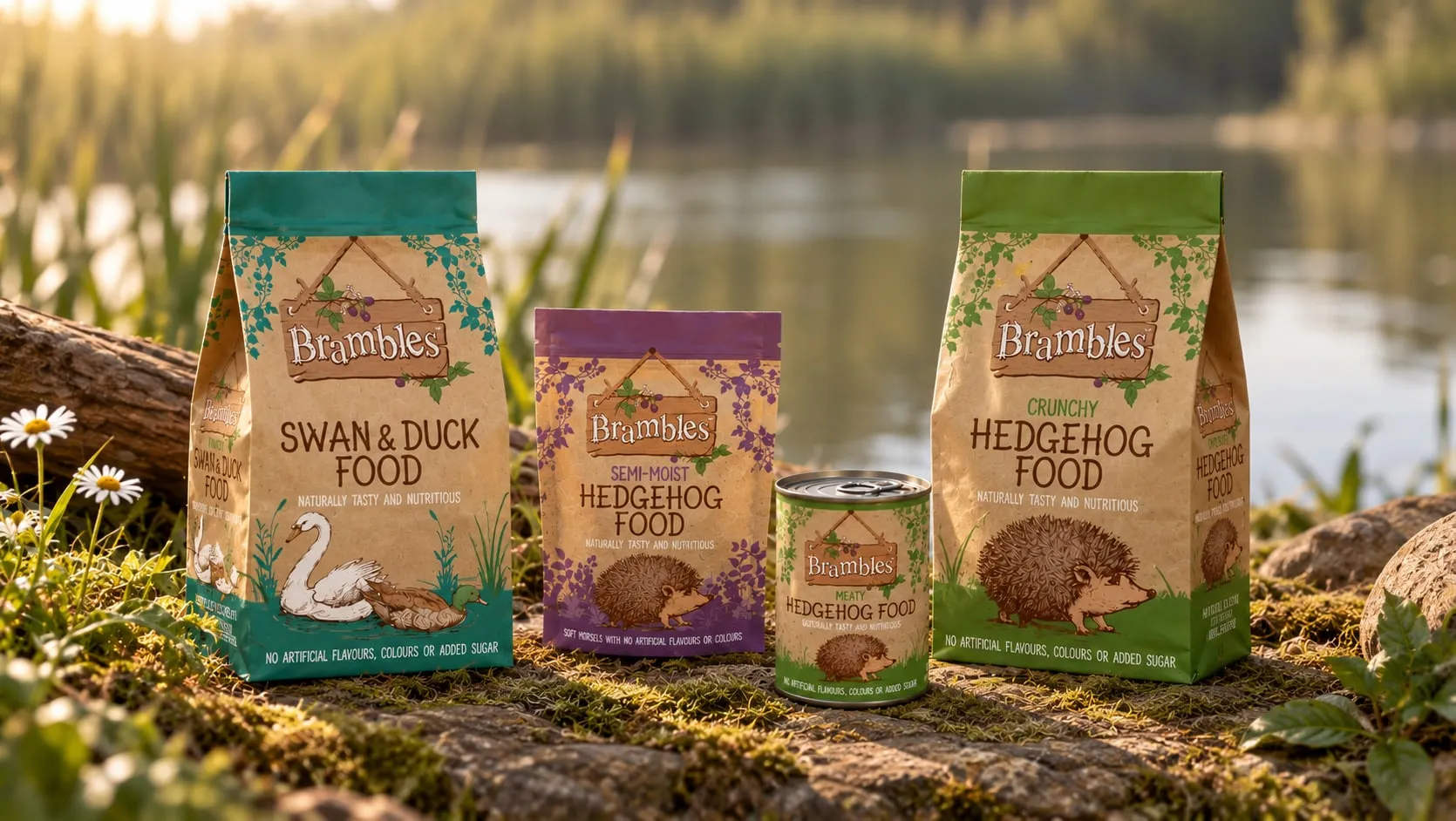 Brambles swan and duck food, semi-moist hedgehog food, meaty hedgehog food in a can and crunchy hedgehog food, on a mossy bank by a lake.