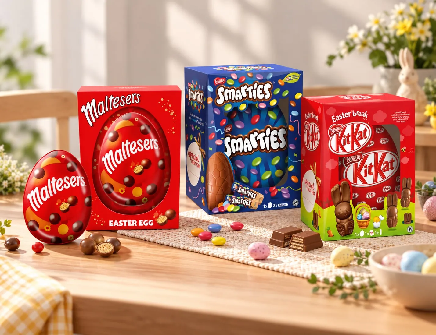 Maltesers, Smarties and KitKat Easter egg boxes on a table with mini eggs and spring flowers.