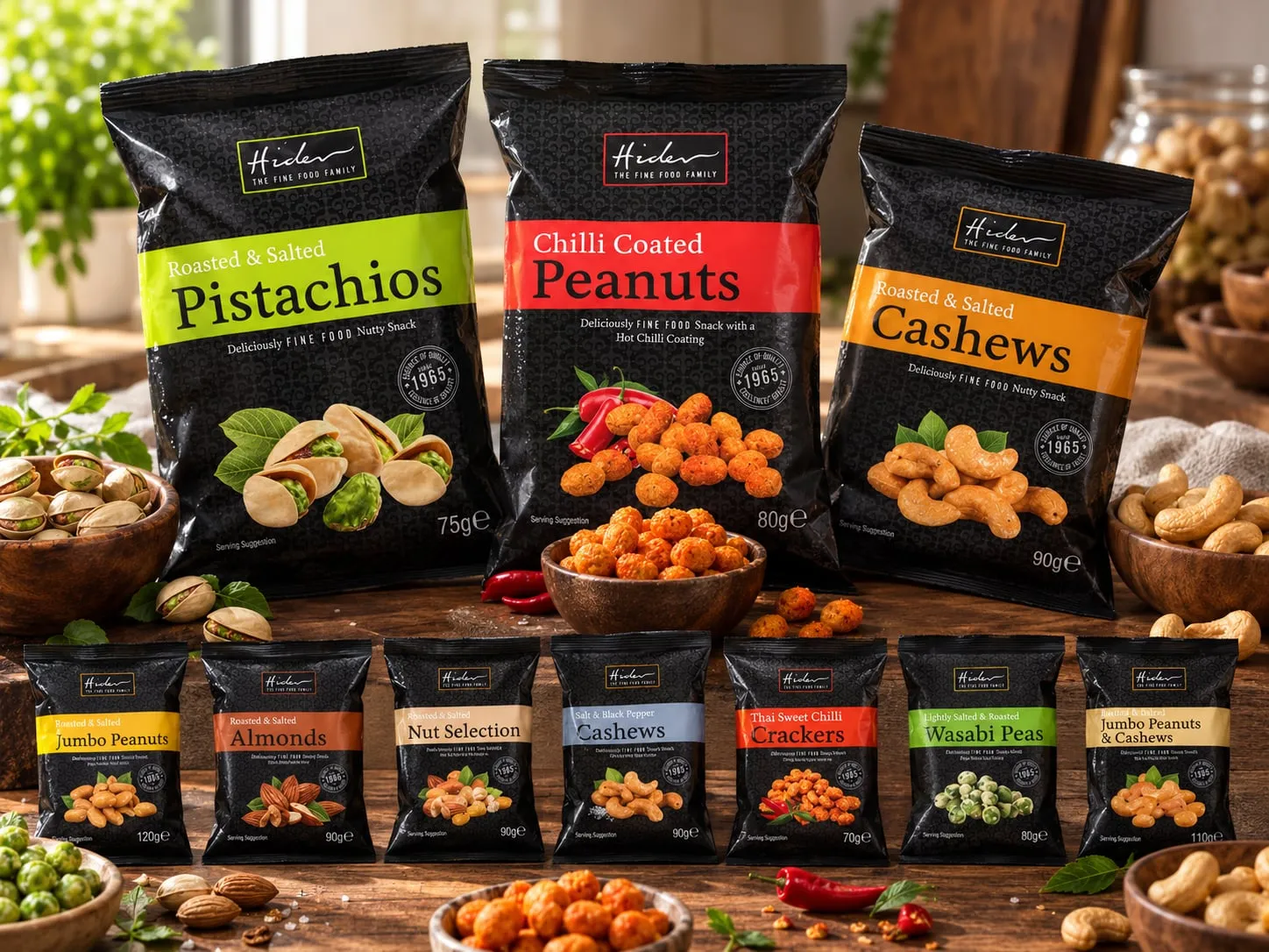 Hider roasted and salted pistachios, chilli coated peanuts and cashews in black snack bags, with a row of smaller nut packs and bowls of nuts on a wooden table.