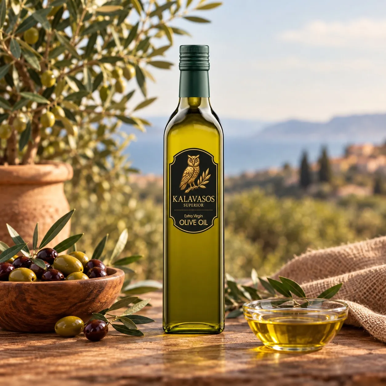A bottle of Kalavasos Superior extra virgin olive oil with an owl label, beside olives and a dish of oil.