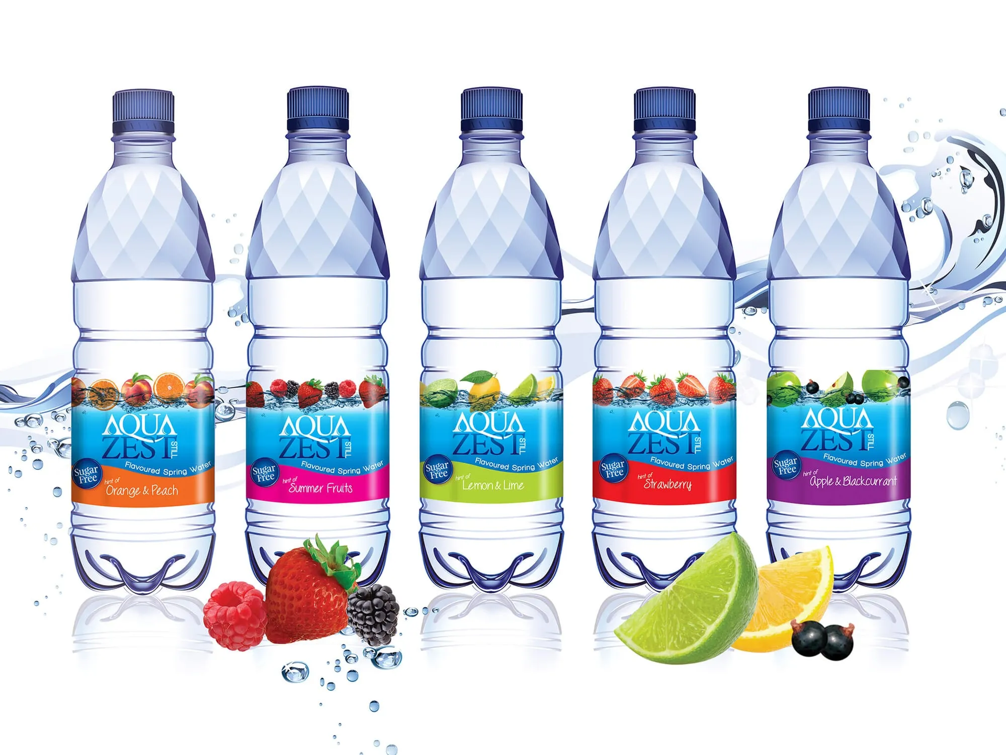 Five Aqua Zest flavoured water bottles with fruit.