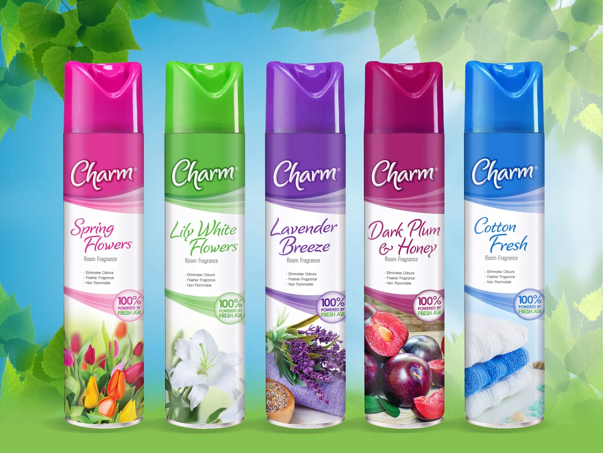 Five Charm room fragrance aerosols: Spring Flowers, Lily White Flowers, Lavender Breeze, Dark Plum and Honey, and Cotton Fresh.