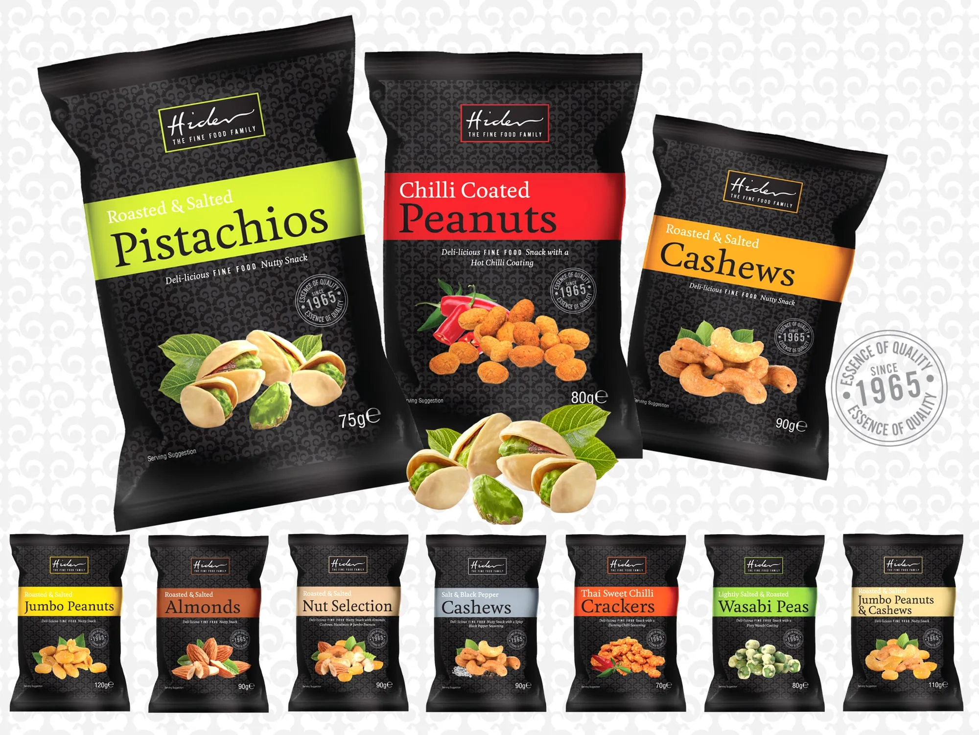 Hider roasted and salted pistachios, chilli coated peanuts and cashews in black snack bags, with a row of smaller nut packs.