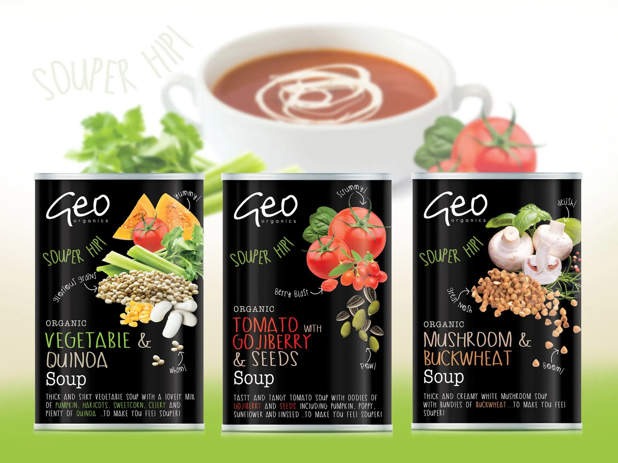 Three Geo Organics soup cans: vegetable and quinoa, tomato with goji berry and seeds, and mushroom and buckwheat.