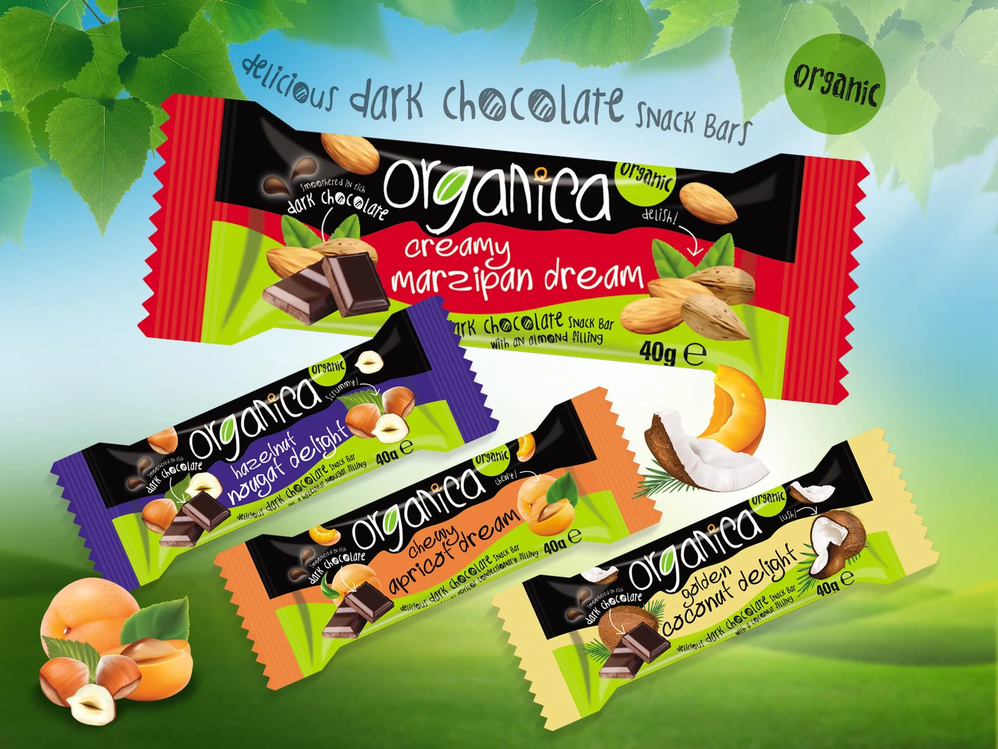 Organica dark chocolate snack bars, including creamy marzipan dream.