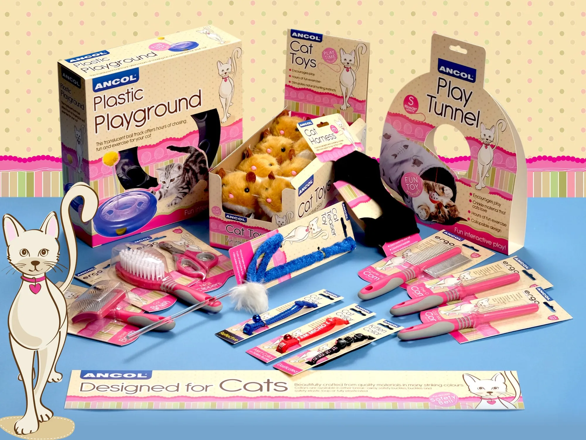 Ancol cat toys and accessories in pink and white packs, with a Plastic Playground box.