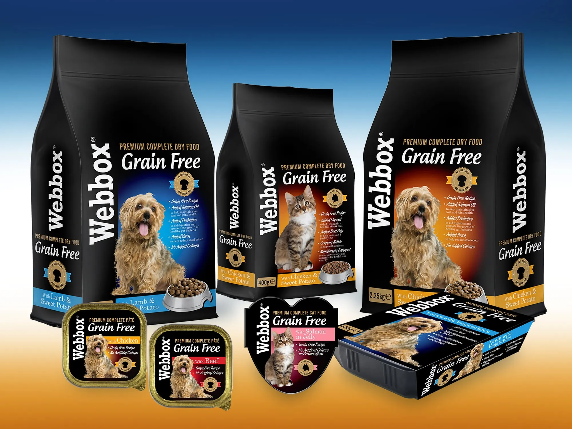 Webbox Grain Free dog and cat food bags and trays on a black design.