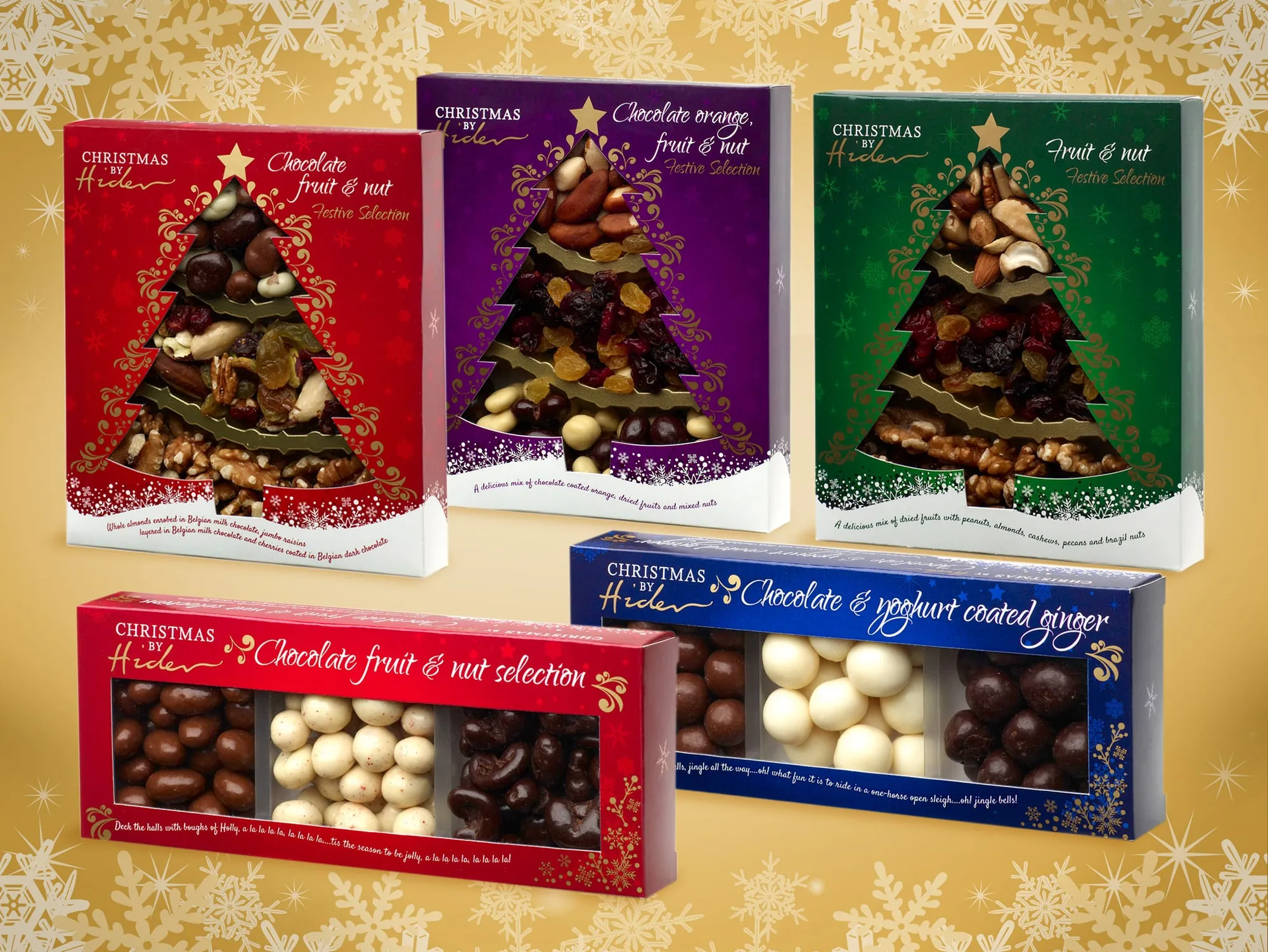 Christmas by Hider fruit and nut gift boxes with Christmas tree windows, and chocolate coated selections.
