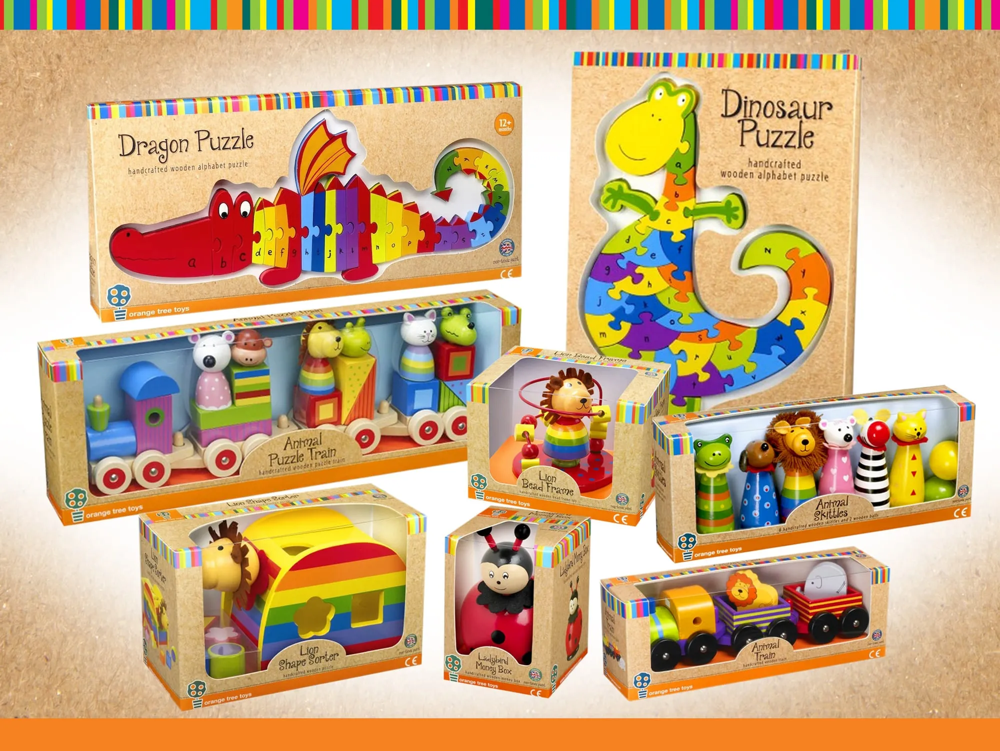 Boxes for wooden toys, including a dragon puzzle, dinosaur puzzle and toy trains.
